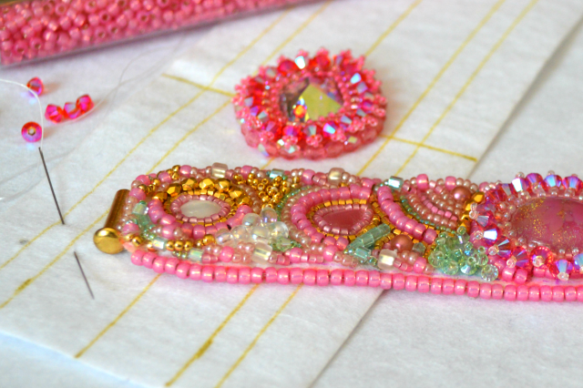 bead embroidered cuff bracelet, in progress, done on Lacy's Stiff Stuff premium beading foundation or substrate.