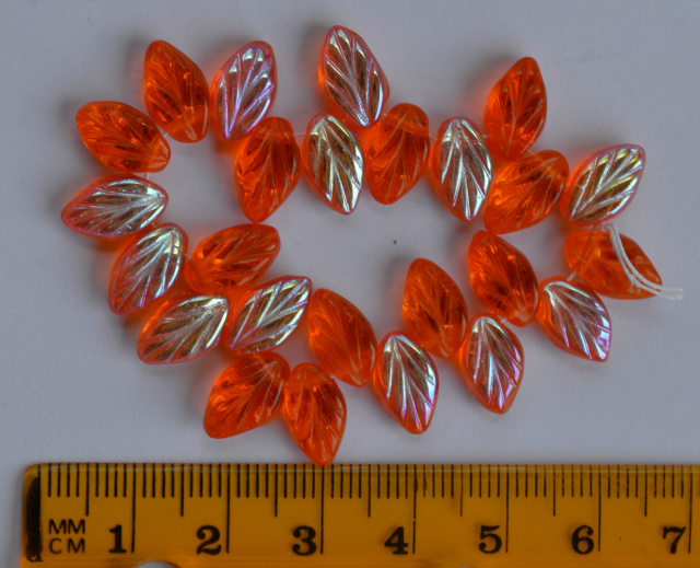 Czech Glass Leaf, 10x5 mm, Transparent Orange Rainbow, Pack of 25