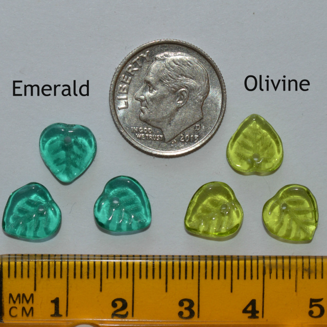 Czech Glass Leaf, 9mm Heart Leaves, Choice of color, pack of 50