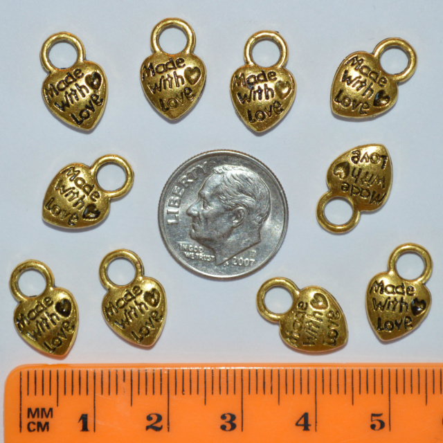 Heart "Made with Love" Charms - PACK OF 10 - Antique Gold