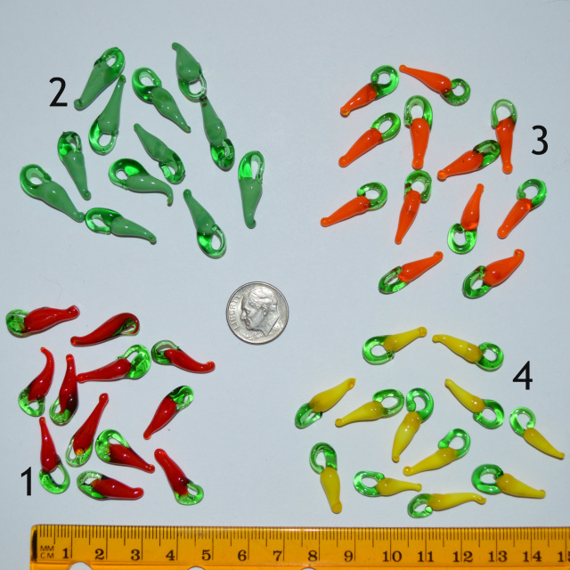 Hand-Blown Glass Chile Peppers - Small - 21x8mm, pack of 12, choice of color!
