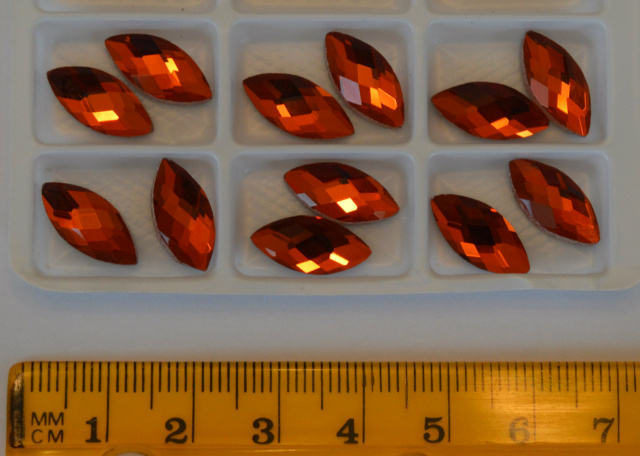 *Faceted Glass Cabs, 15x7mm, Fire Brick marquis 12 pack