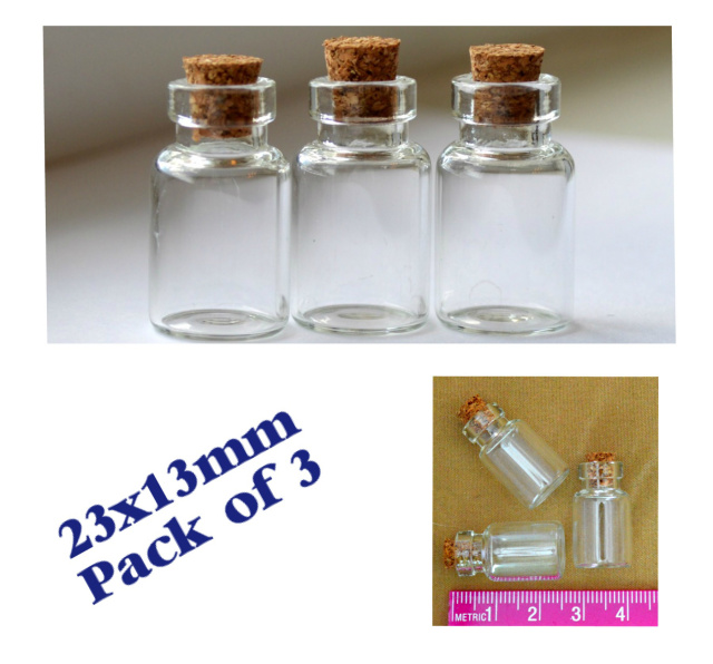 Glass Bottles with Corks, pack of 3, 23x13mm